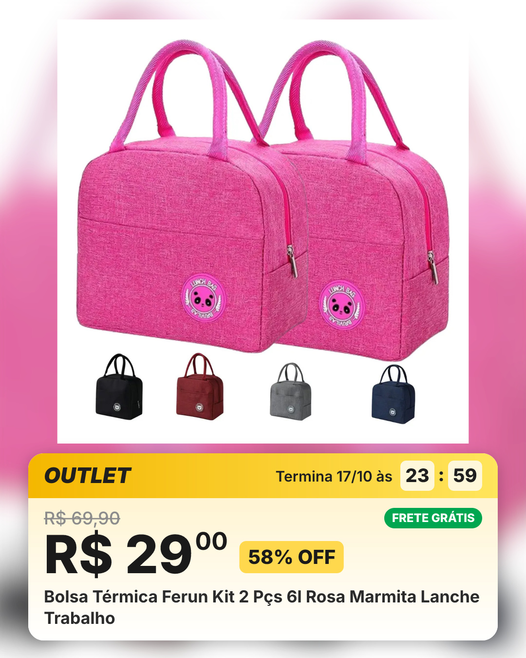 Bolsa Térmica Ferun Kit 2 Pçs 6l Rosa Marmita Lanche Trabalho