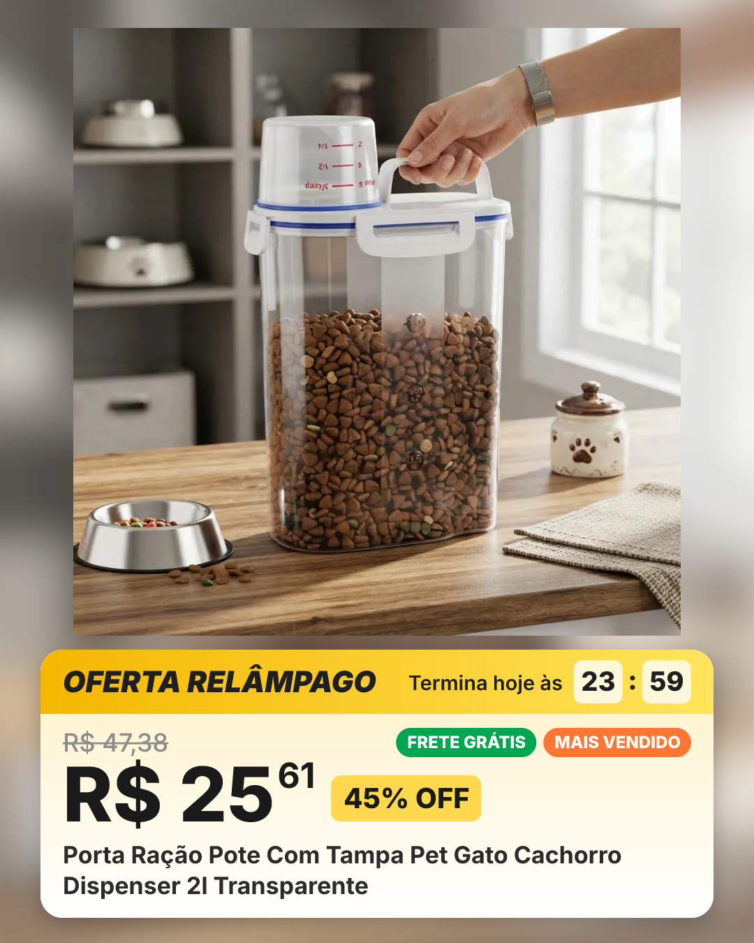 Porta Ração Pote Com Tampa Pet Gato Cachorro Dispenser 2l Transparente