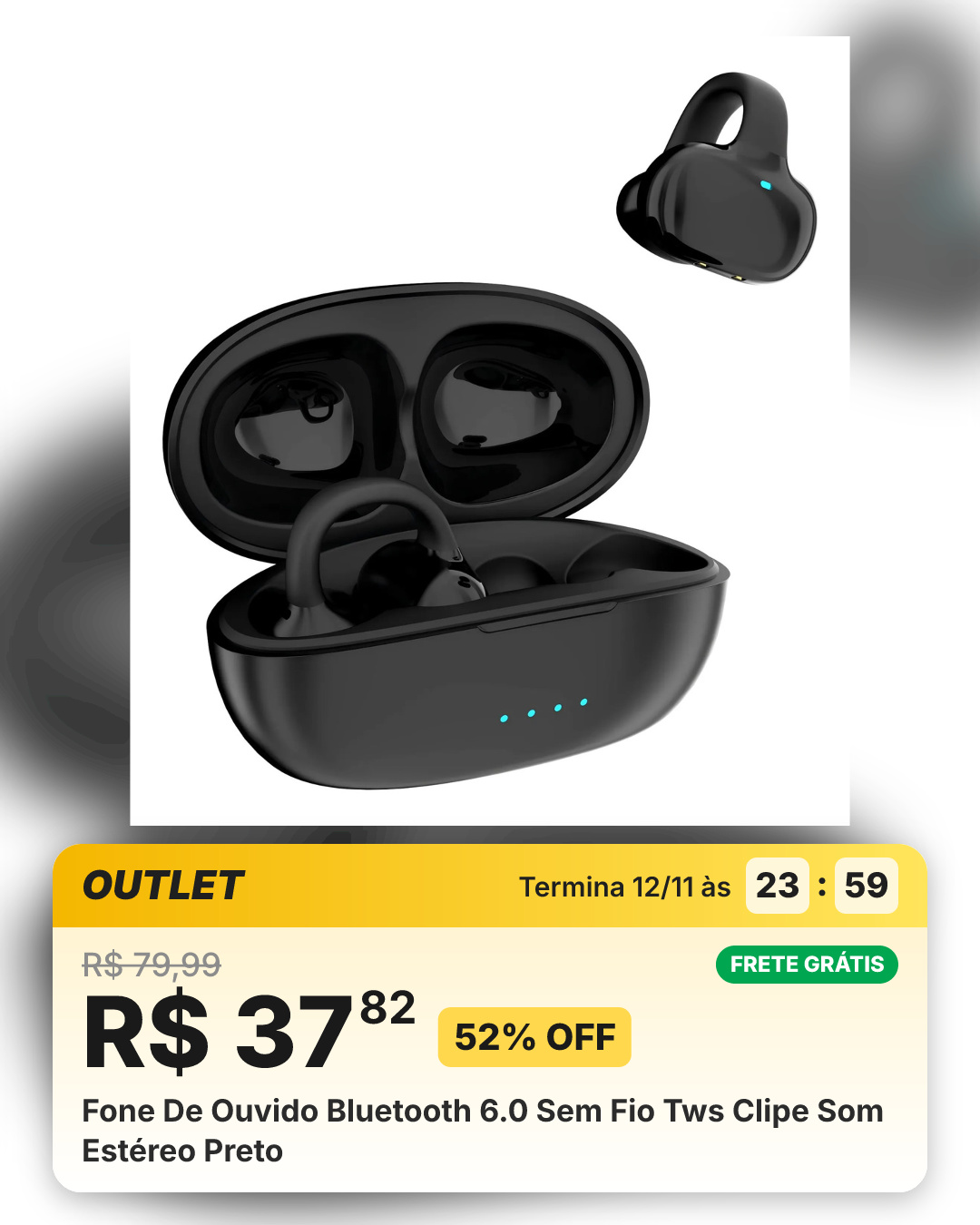 Fone De Ouvido Bluetooth 6.0 Sem Fio Tws Clipe Som Estéreo Preto