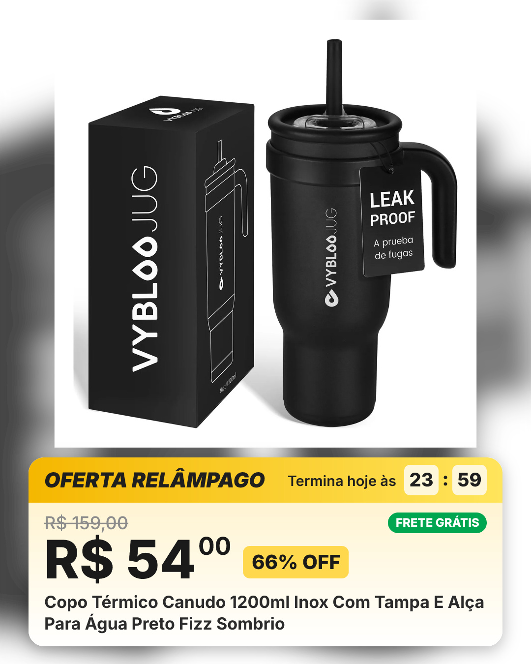 Copo Térmico Canudo 1200ml Inox Com Tampa E Alça Para Água Preto Fizz Sombrio