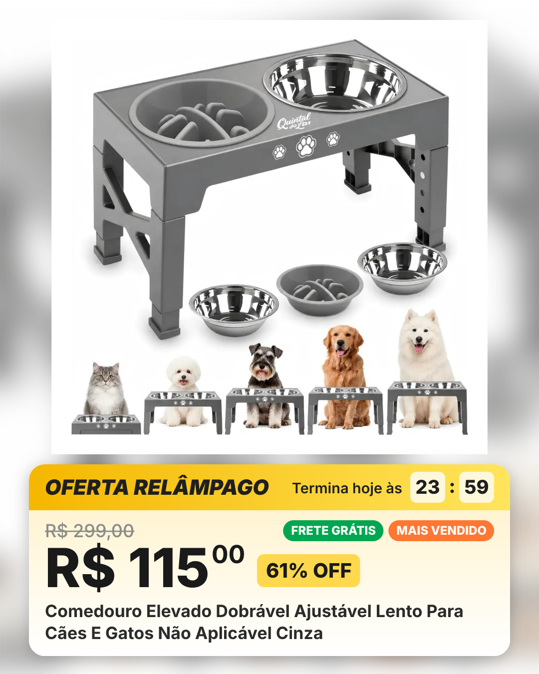 Comedouro Elevado Dobrável Ajustável Lento Para Cães E Gatos Não Aplicável Cinza