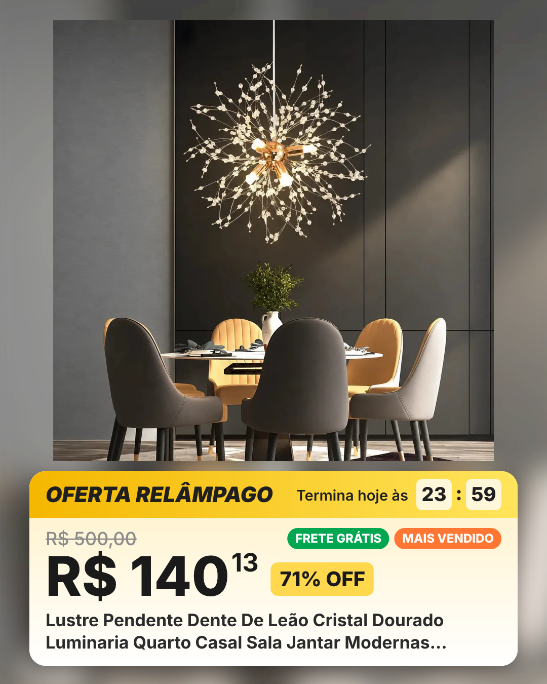 Lustre Pendente Dente De Leão Cristal Dourado Luminaria Quarto Casal Sala Jantar Modernas Tieesa Dourado 127/220v