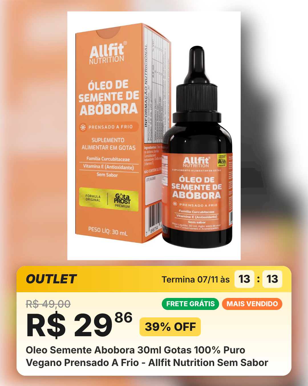 Oleo Semente Abobora 30ml Gotas 100% Puro Vegano Prensado A Frio - Allfit Nutrition Sem Sabor