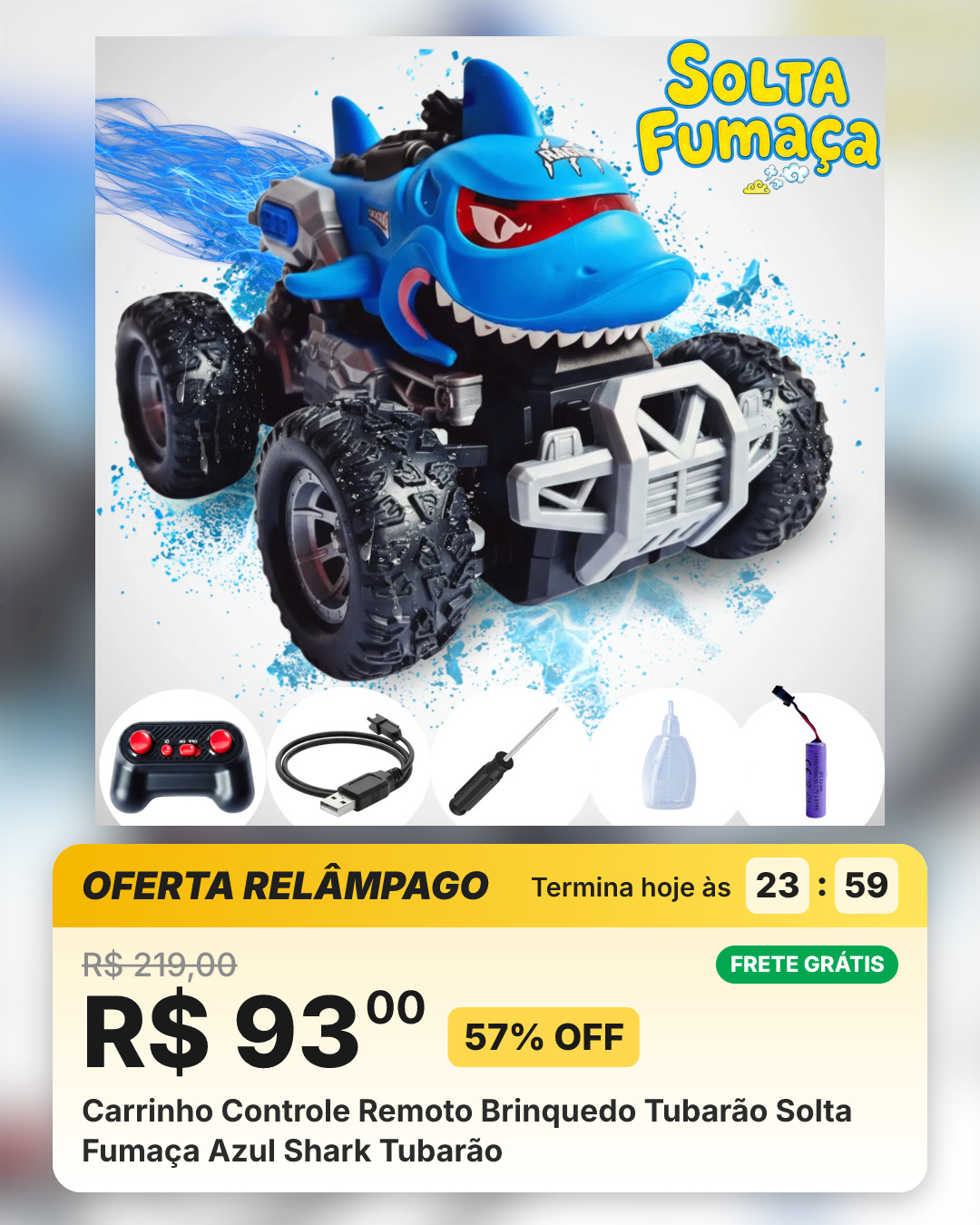 Carrinho Controle Remoto Brinquedo Tubarão Solta Fumaça Azul Shark Tubarão