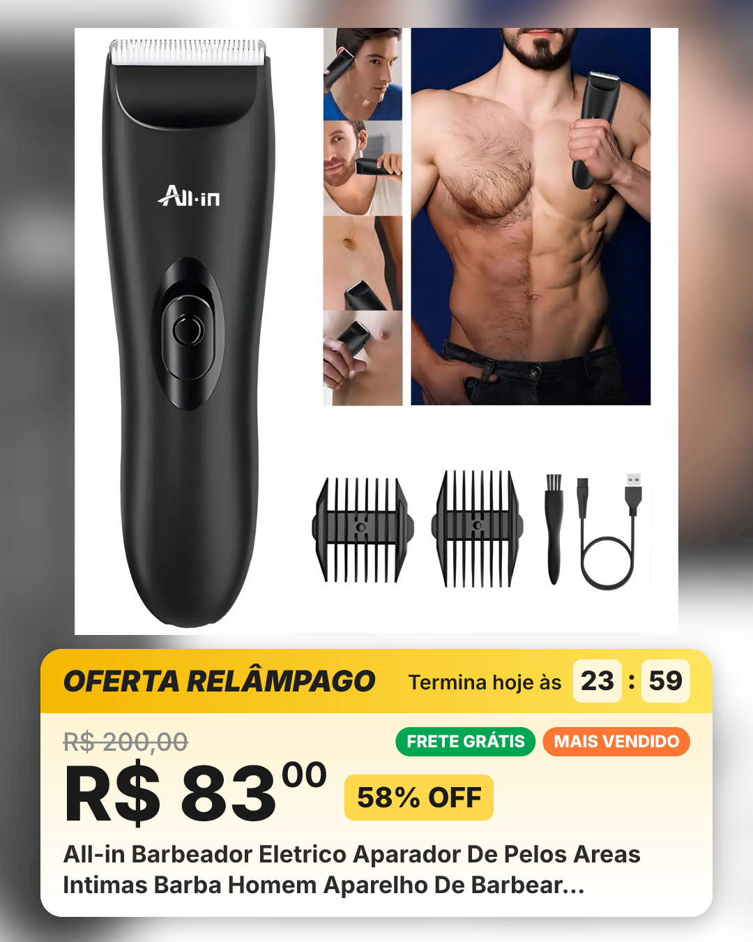 All-in Barbeador Eletrico Aparador De Pelos Areas Intimas Barba Homem Aparelho De Barbear Maquina De Cortar Cabelo Recarregável A Prova Da Agua Portatil Preto 127/220v