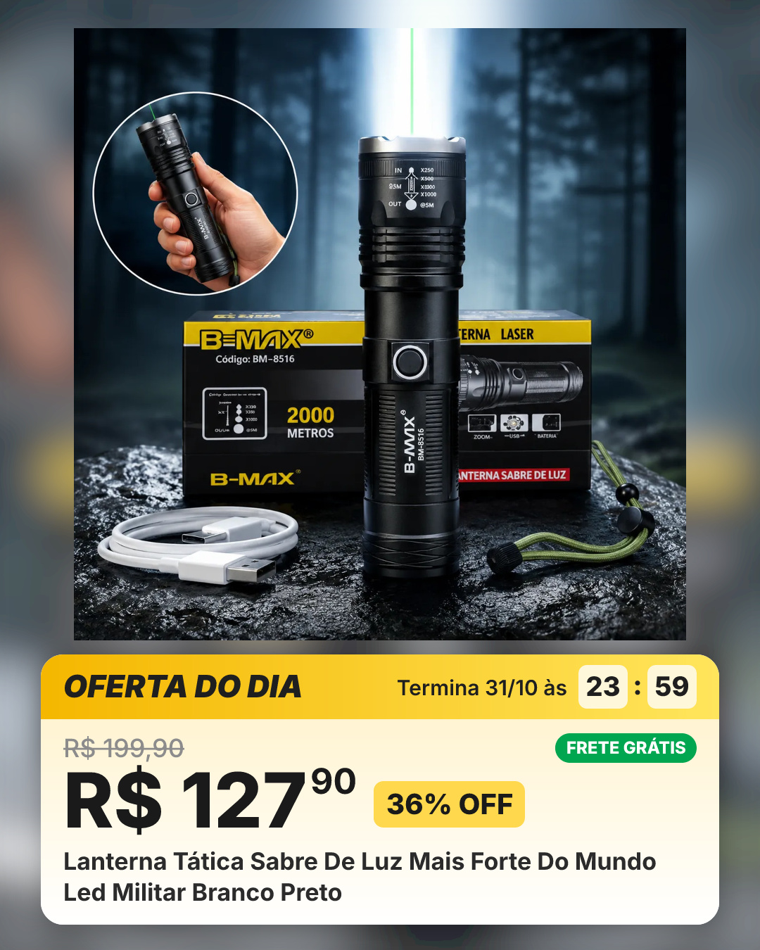 Lanterna Tática Sabre De Luz Mais Forte Do Mundo Led Militar Branco Preto