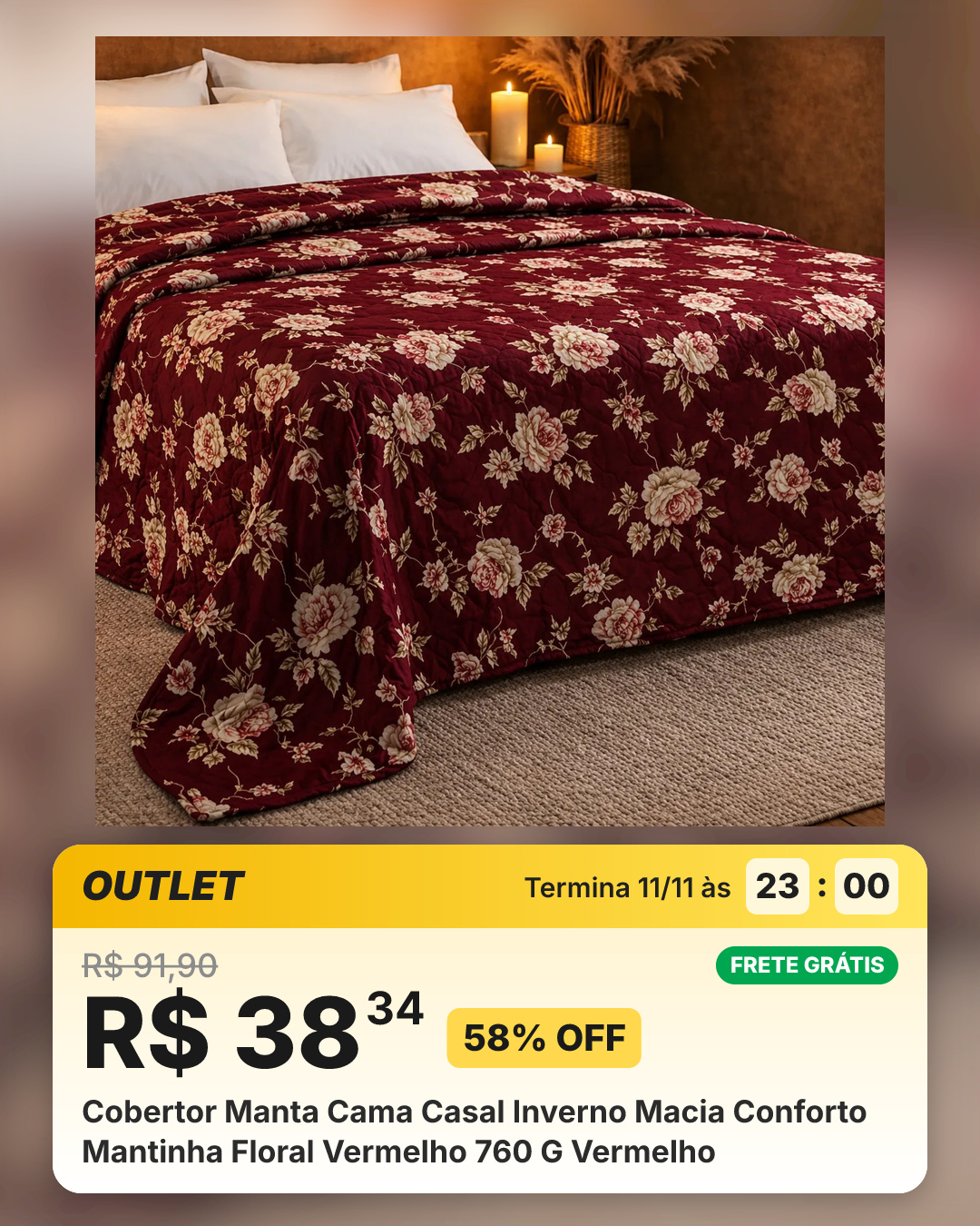 Cobertor Manta Cama Casal Inverno Macia Conforto Mantinha Floral Vermelho 760 G Vermelho