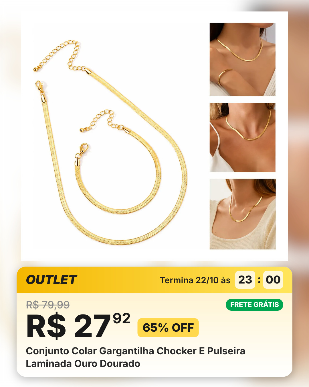 Conjunto Colar Gargantilha Chocker E Pulseira Laminada Ouro Dourado