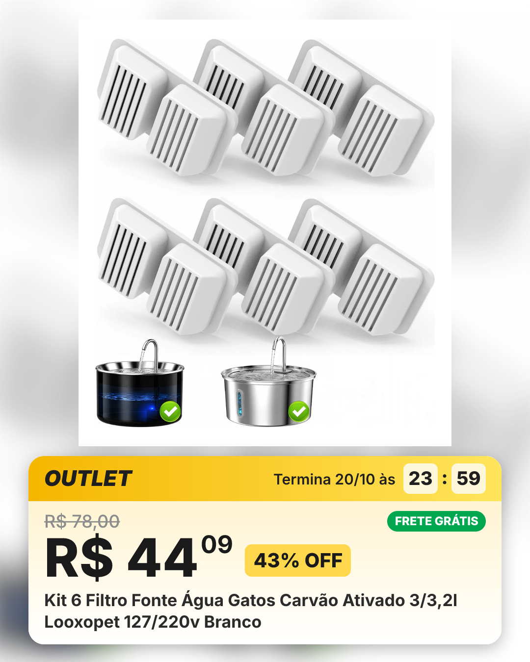 Kit 6 Filtro Fonte Água Gatos Carvão Ativado 3/3,2l Looxopet 127/220v Branco