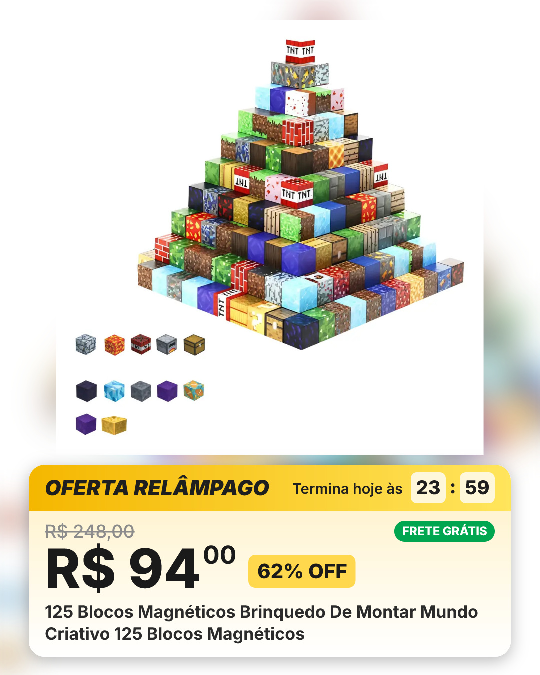 125 Blocos Magnéticos Brinquedo De Montar Mundo Criativo 125 Blocos Magnéticos