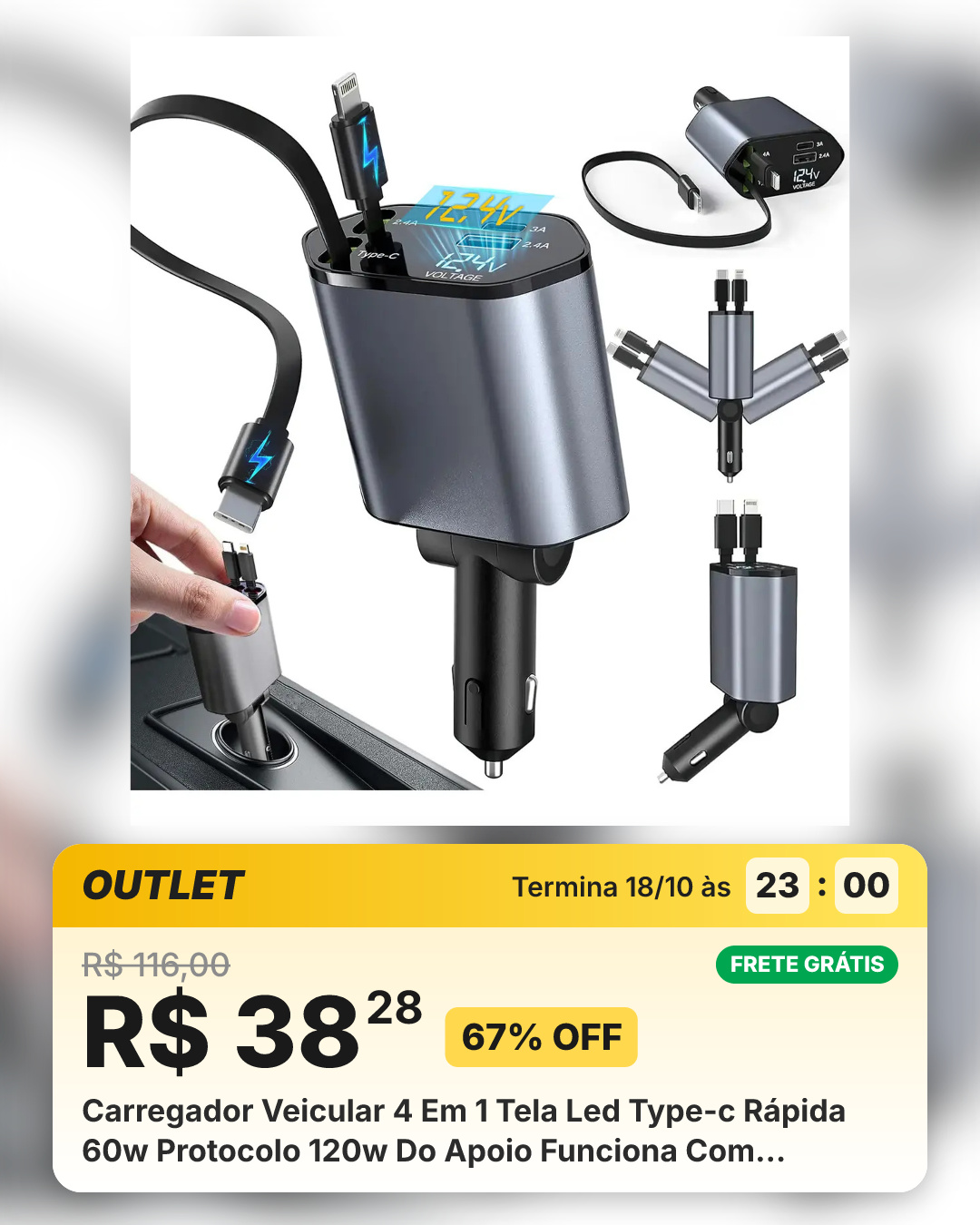 Carregador Veicular 4 Em 1 Tela Led Type-c Rápida 60w Protocolo 120w Do Apoio Funciona Com Huawei, iPhone, Motorola, Samsung, Xiaomi 12/24v Preto