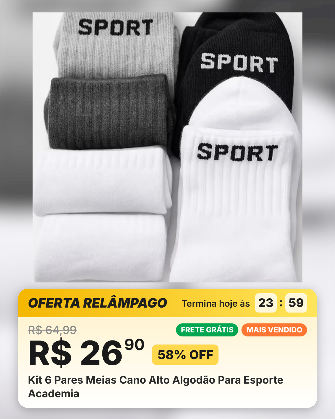 Kit 6 Pares Meias Cano Alto Algodão Para Esporte Academia