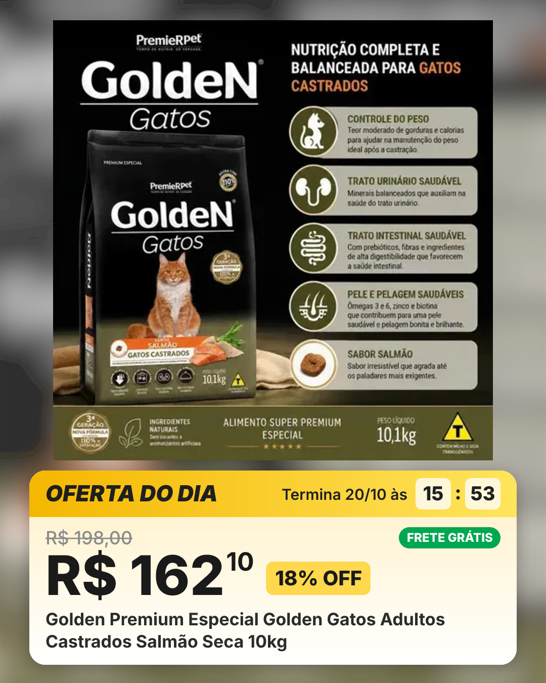 Golden Premium Especial Golden Gatos Adultos Castrados Salmão Seca 10kg