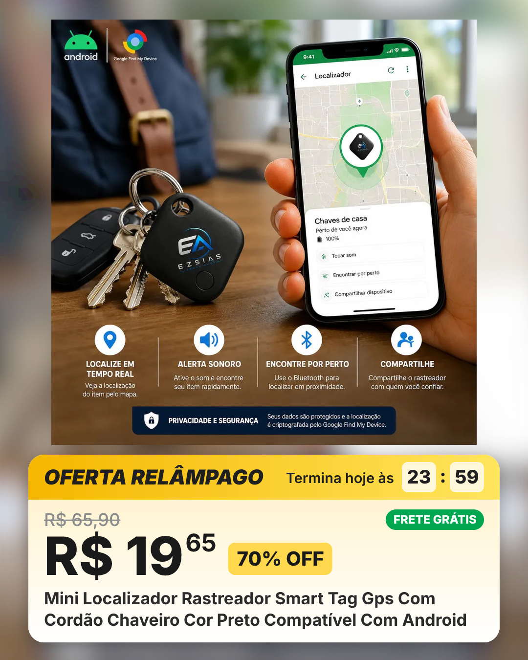 Mini Localizador Rastreador Smart Tag Gps Com Cordão Chaveiro Cor Preto Compatível Com Android
