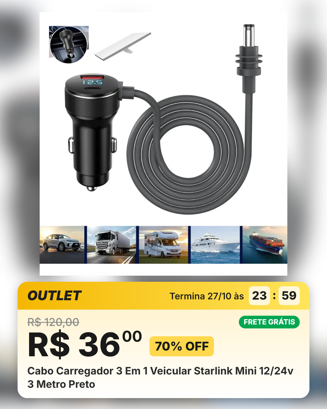 Cabo Carregador 3 Em 1 Veicular Starlink Mini 12/24v 3 Metro Preto