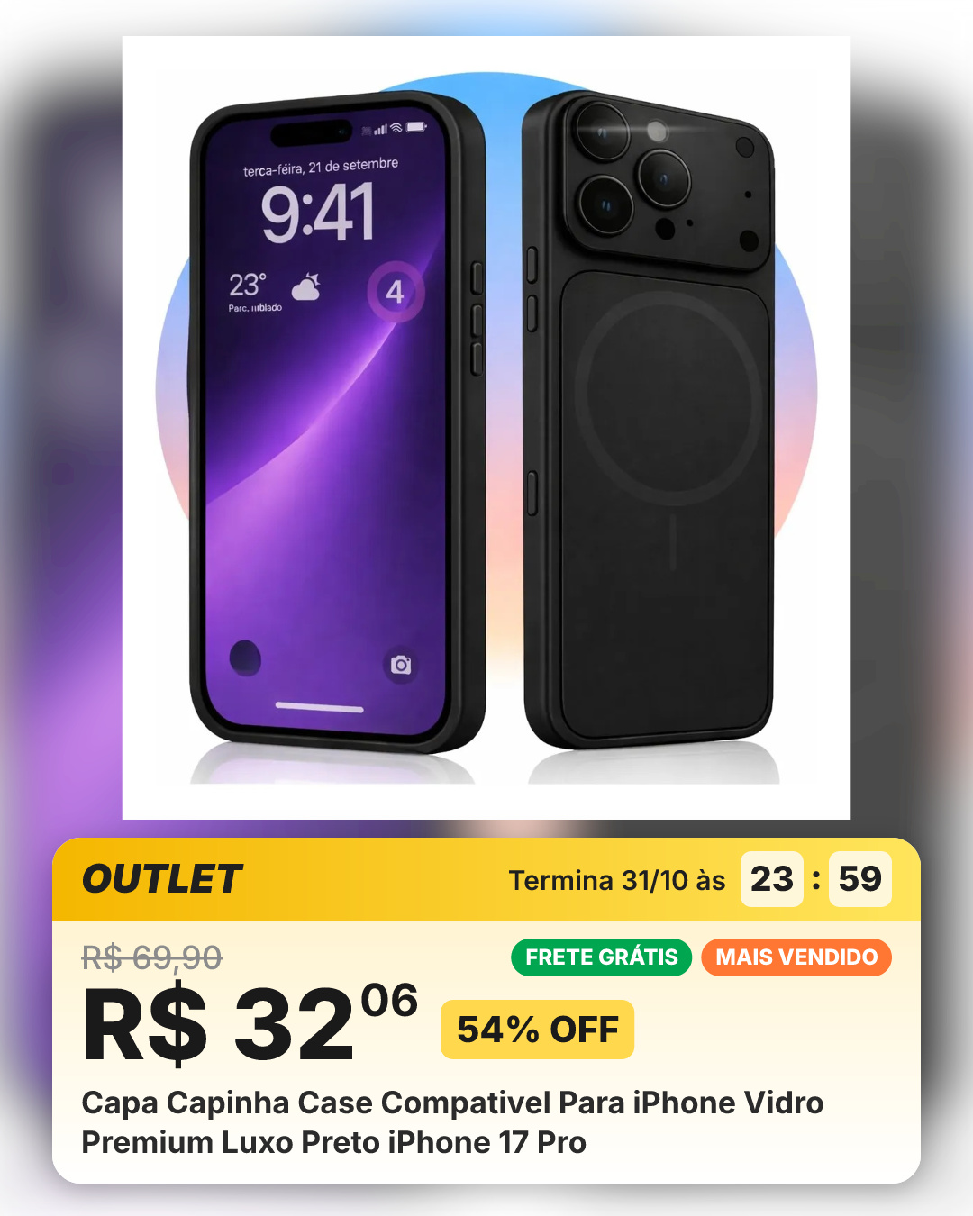 Capa Capinha Case Compativel Para iPhone Vidro Premium Luxo Preto iPhone 17 Pro