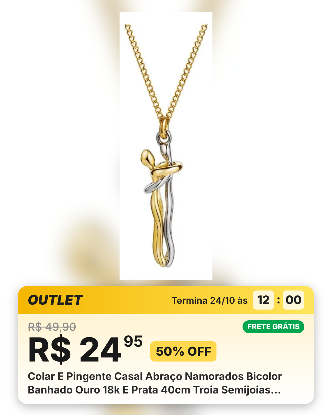 Colar E Pingente Casal Abraço Namorados Bicolor Banhado Ouro 18k E Prata 40cm Troia Semijoias Dourado