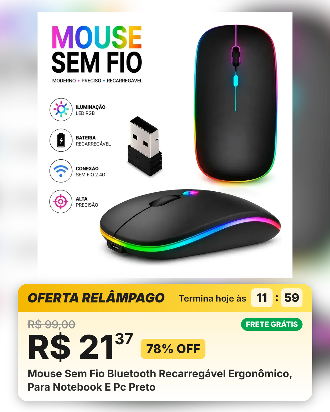 Mouse Sem Fio Bluetooth Recarregável Ergonômico, Para Notebook E Pc Preto