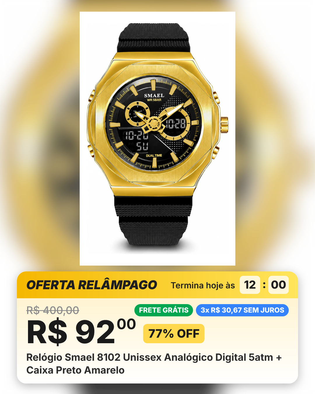 Relógio Smael 8102 Unissex Analógico Digital 5atm + Caixa Preto Amarelo