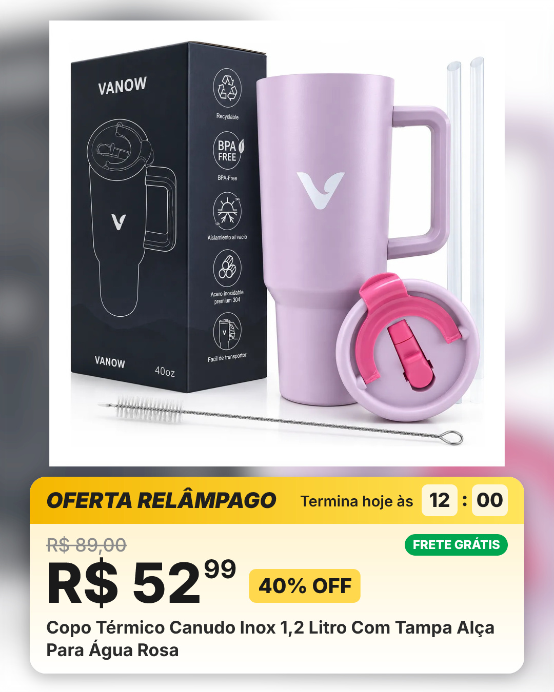 Copo Térmico Canudo Inox 1,2 Litro Com Tampa Alça Para Água Rosa