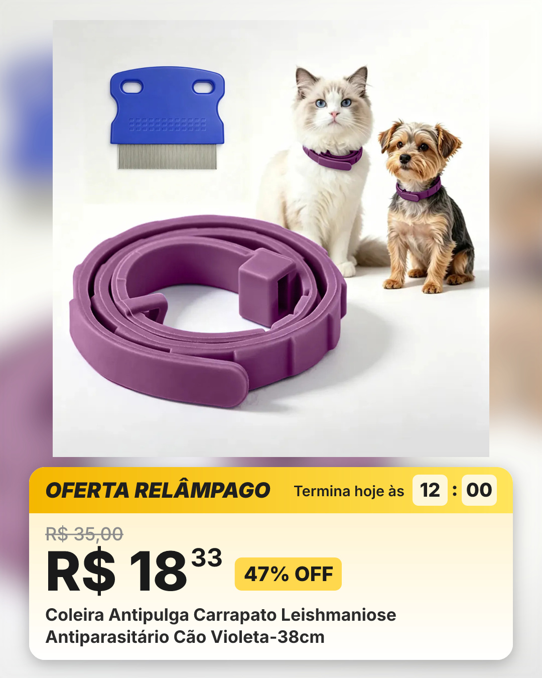 Coleira Antipulga Carrapato Leishmaniose Antiparasitário Cão Violeta-38cm