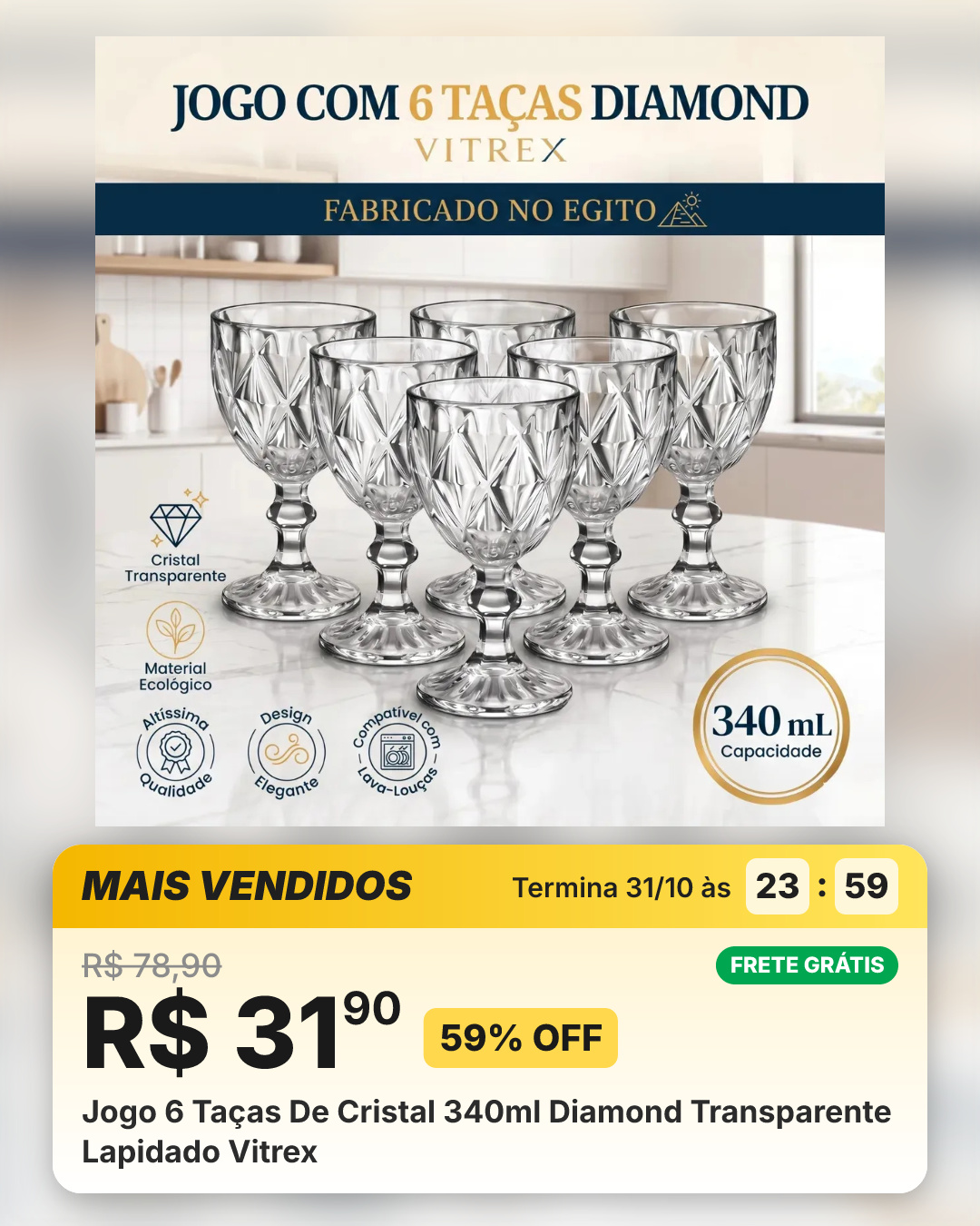 Jogo 6 Taças De Cristal 340ml Diamond Transparente Lapidado Vitrex