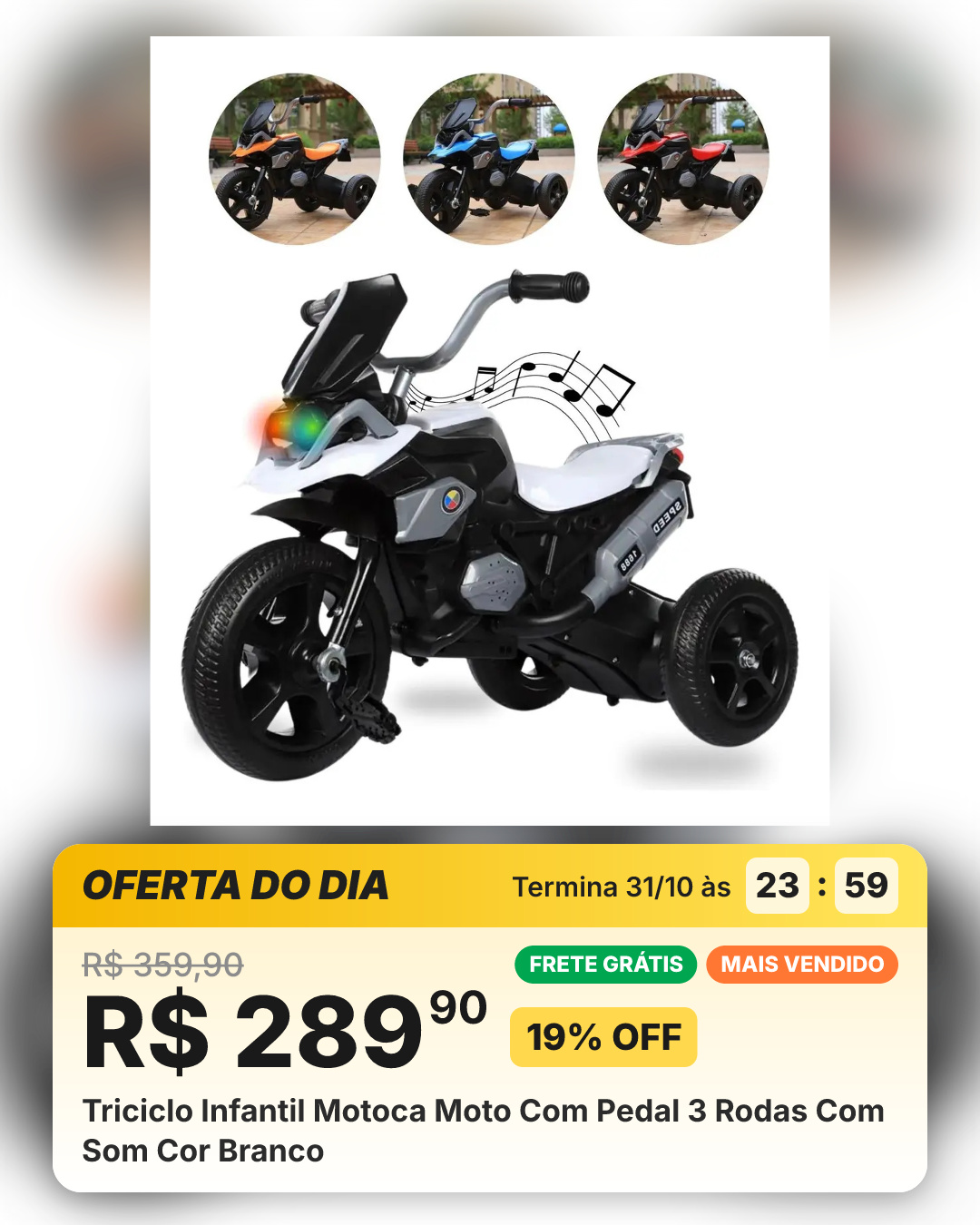 Triciclo Infantil Motoca Moto Com Pedal 3 Rodas Com Som Cor Branco