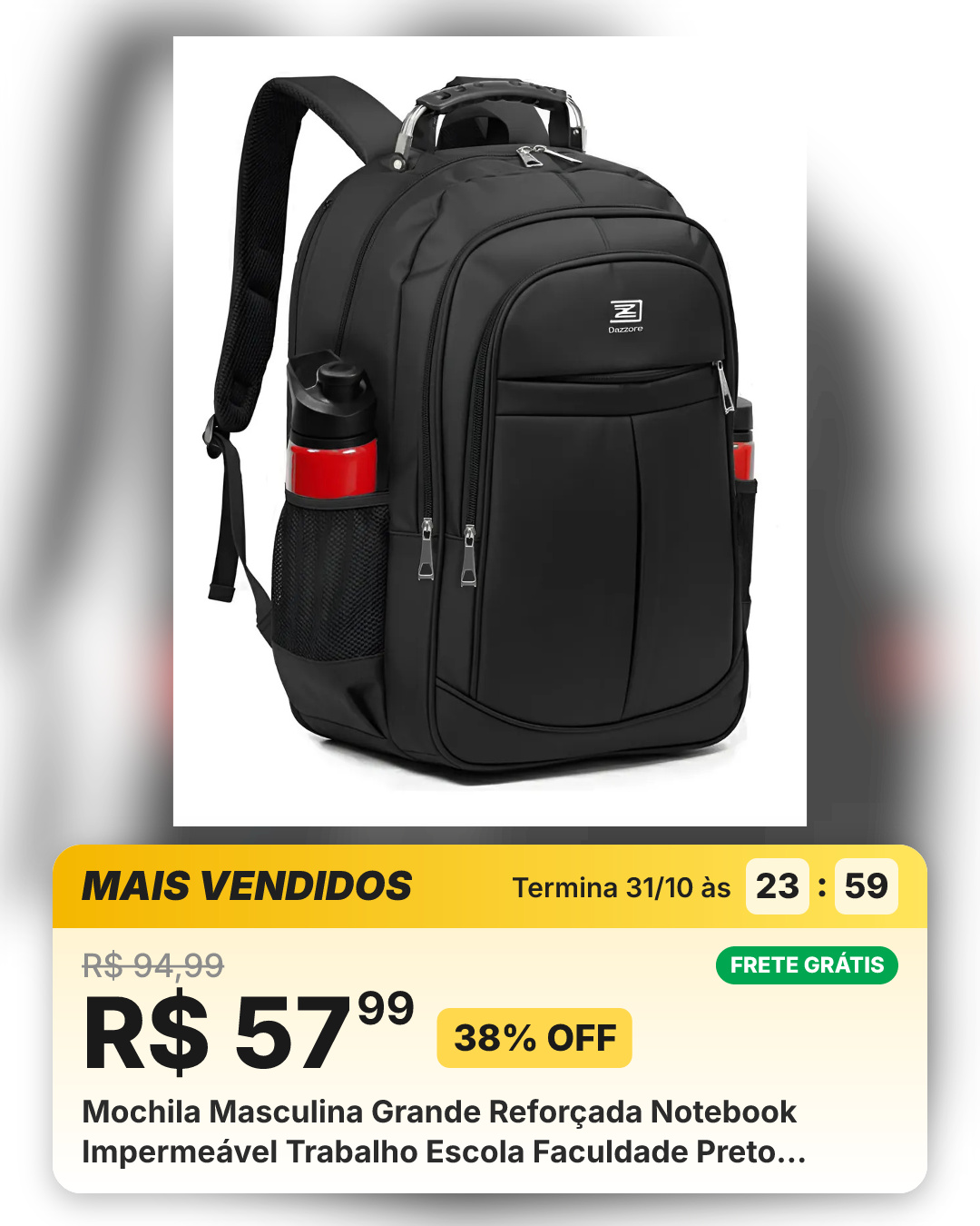 Mochila Masculina Grande Reforçada Notebook Impermeável Trabalho Escola Faculdade Preto Dazzore Liso