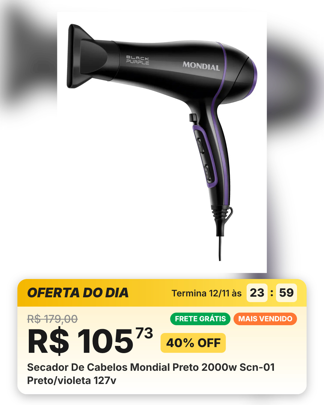Secador De Cabelos Mondial Preto 2000w Scn-01 Preto/violeta 127v