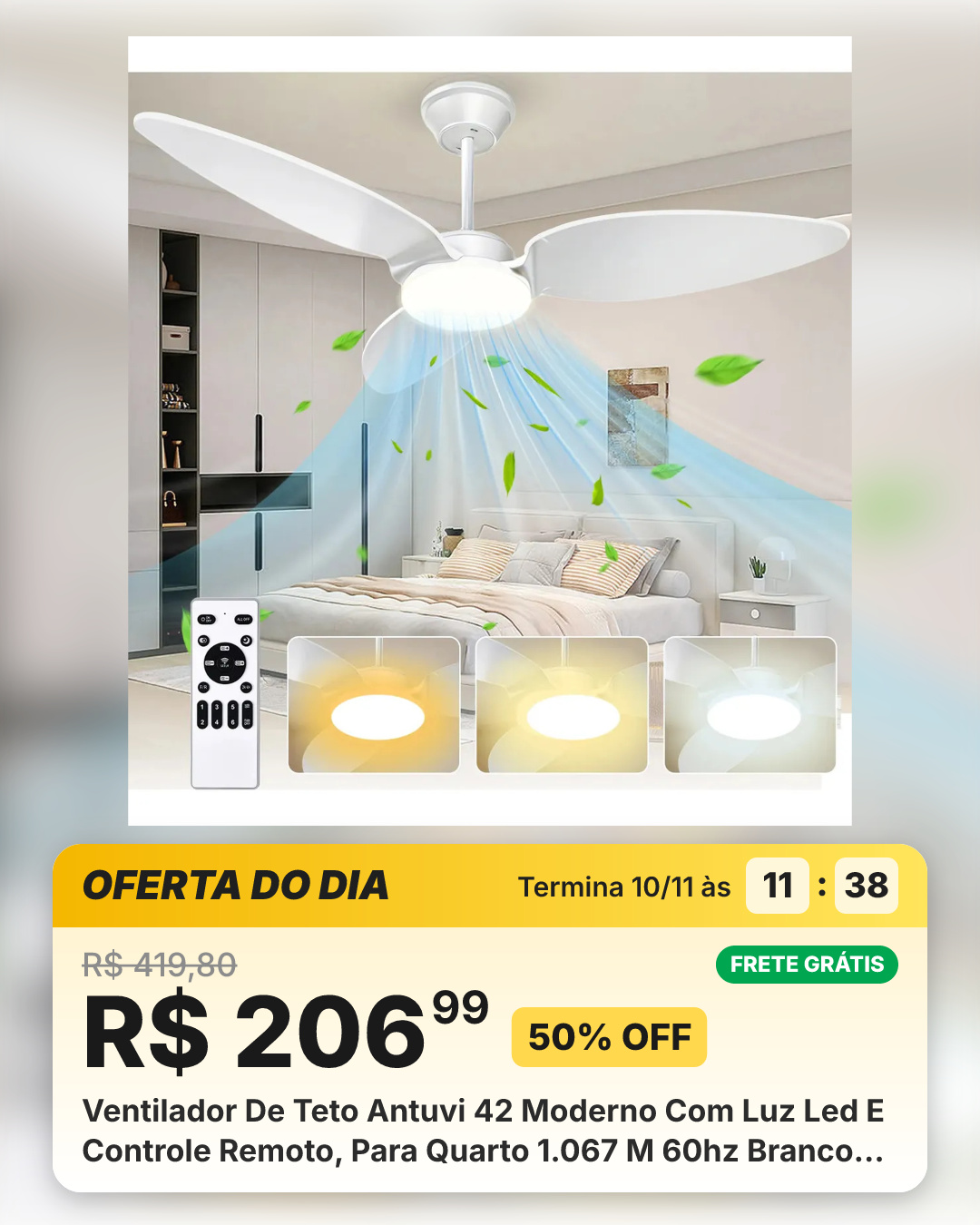 Ventilador De Teto Antuvi 42 Moderno Com Luz Led E Controle Remoto, Para Quarto 1.067 M 60hz Branco 127/220v Plástico 3