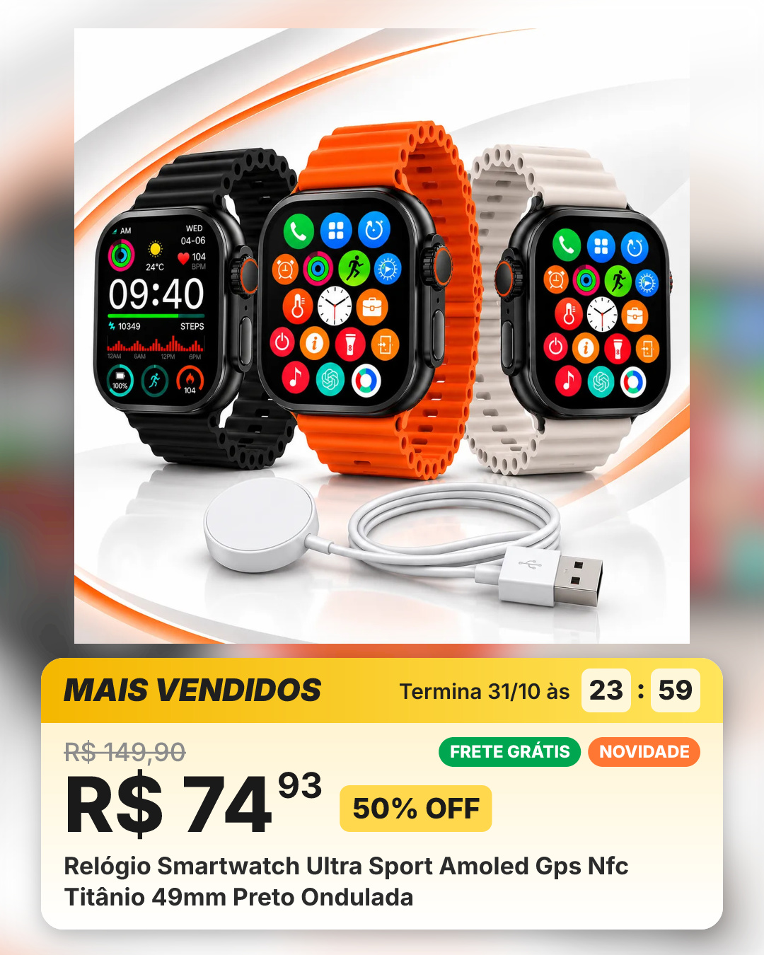 Relógio Smartwatch Ultra Sport Amoled Gps Nfc Titânio 49mm Preto Ondulada