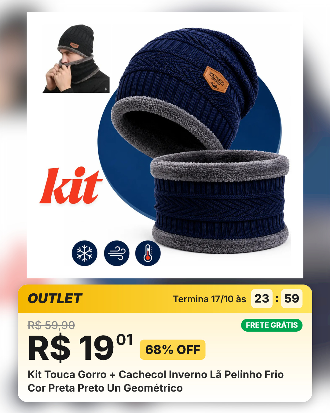 Kit Touca Gorro + Cachecol Inverno Lã Pelinho Frio Cor Preta Preto Un Geométrico