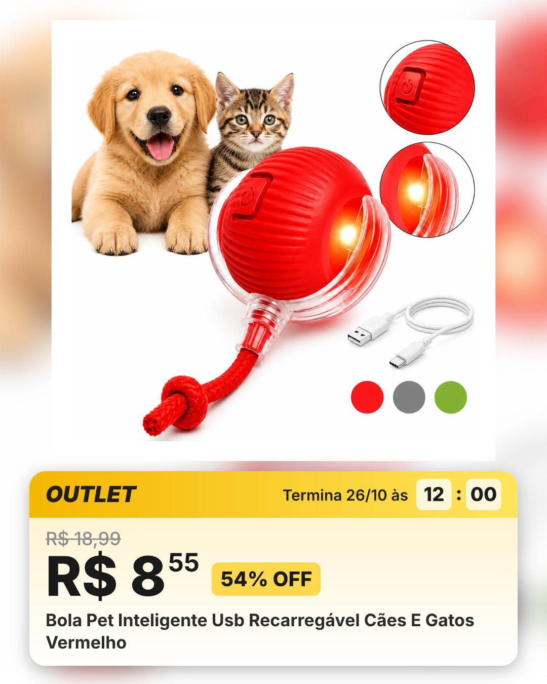 Bola Pet Inteligente Usb Recarregável Cães E Gatos Vermelho