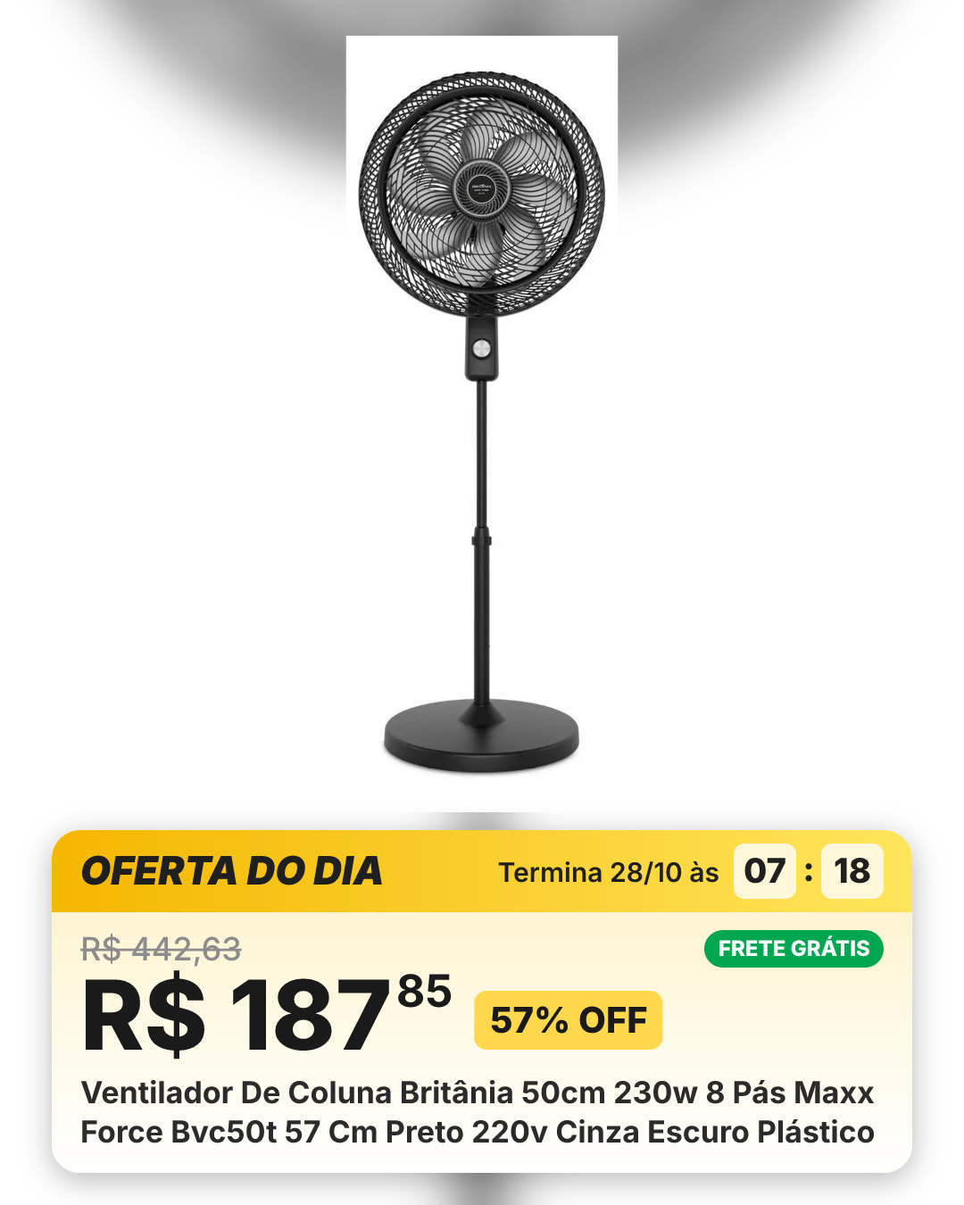 Ventilador De Coluna Britânia 50cm 230w 8 Pás Maxx Force Bvc50t 57 Cm Preto 220v Cinza Escuro Plástico