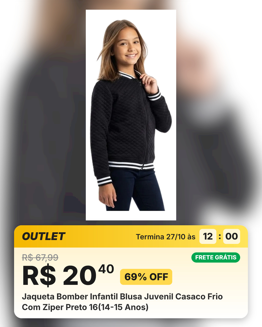 Jaqueta Bomber Infantil Blusa Juvenil Casaco Frio Com Ziper Preto 16(14-15 Anos)