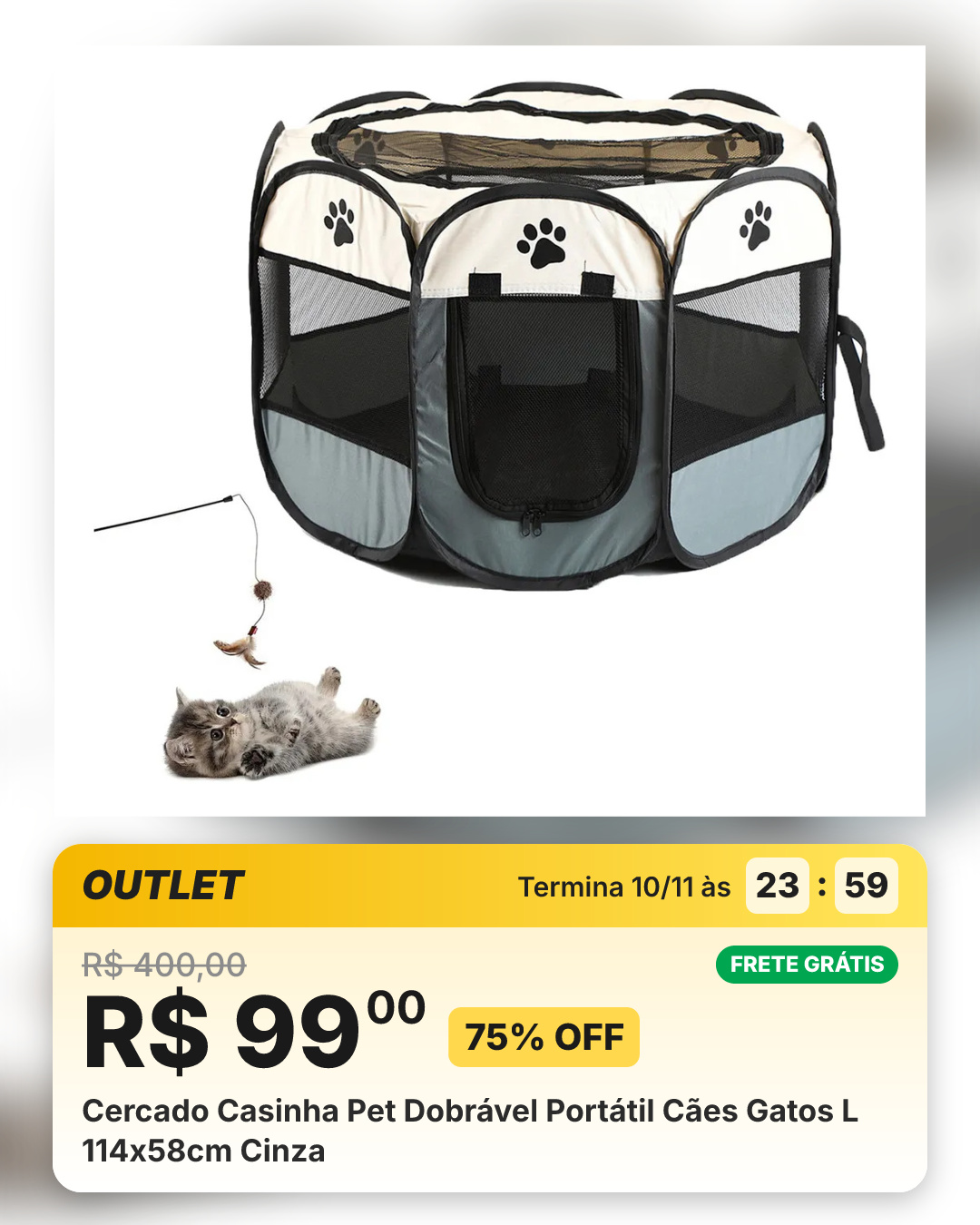 Cercado Casinha Pet Dobrável Portátil Cães Gatos L 114x58cm Cinza