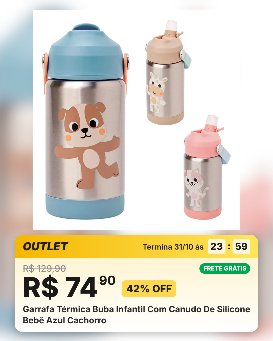 Garrafa Térmica Buba Infantil Com Canudo De Silicone Bebê Azul Cachorro