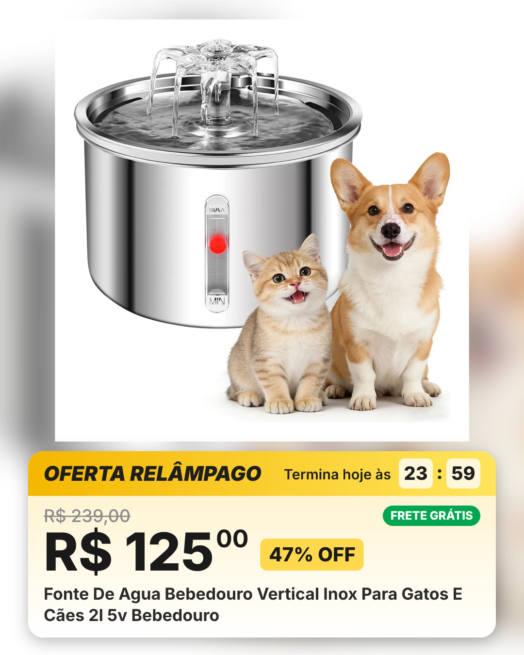 Fonte De Agua Bebedouro Vertical Inox Para Gatos E Cães 2l 5v Bebedouro