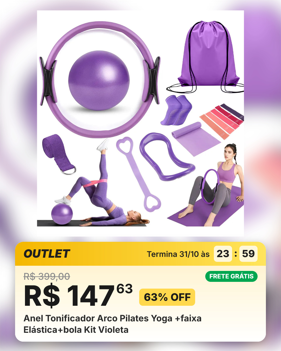 Anel Tonificador Arco Pilates Yoga +faixa Elástica+bola Kit Violeta