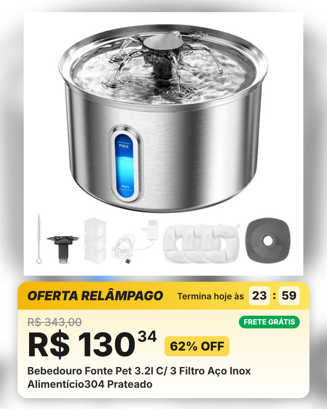 Bebedouro Fonte Pet 3.2l C/ 3 Filtro Aço Inox Alimentício304 Prateado