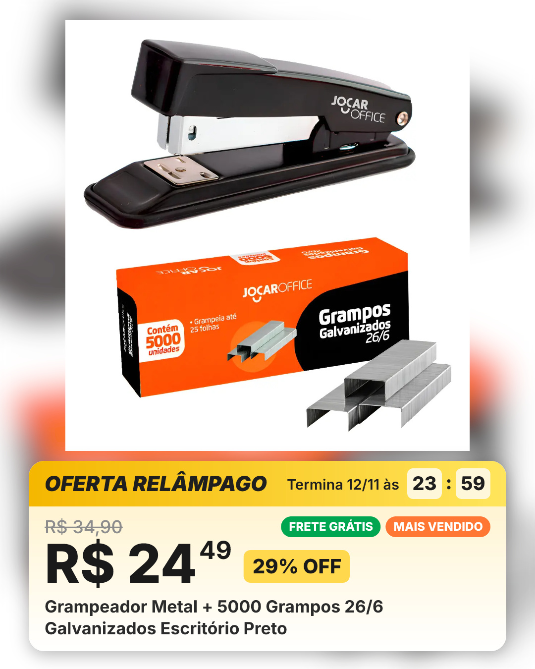 Grampeador Metal + 5000 Grampos 26/6 Galvanizados Escritório Preto