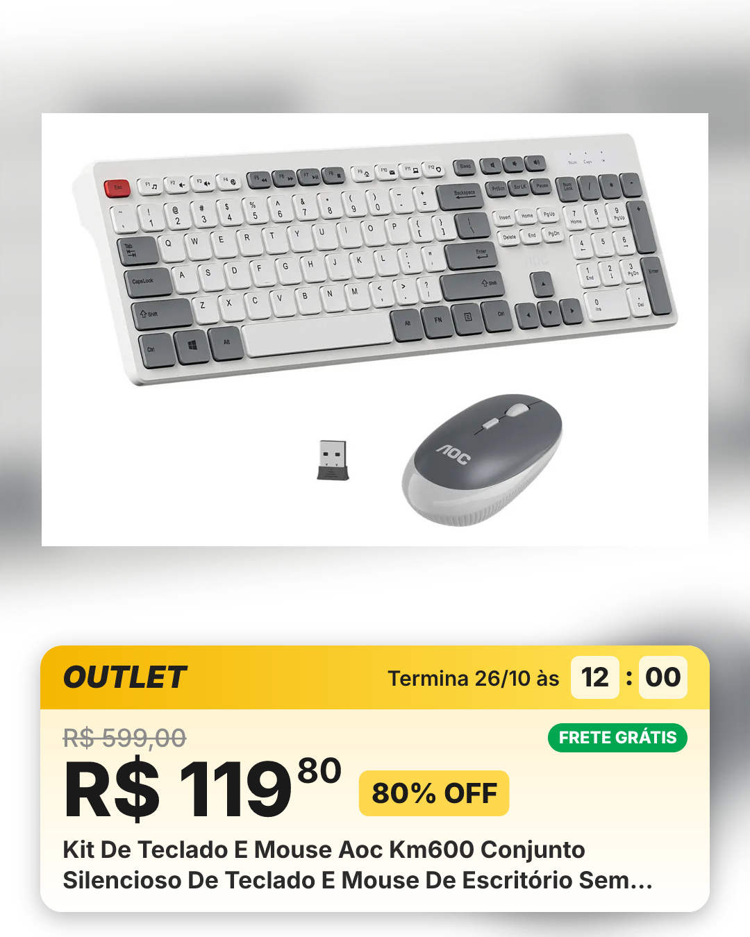 Kit De Teclado E Mouse Aoc Km600 Conjunto Silencioso De Teclado E Mouse De Escritório Sem Fio Com Painel Em Inglês Branco Cinza