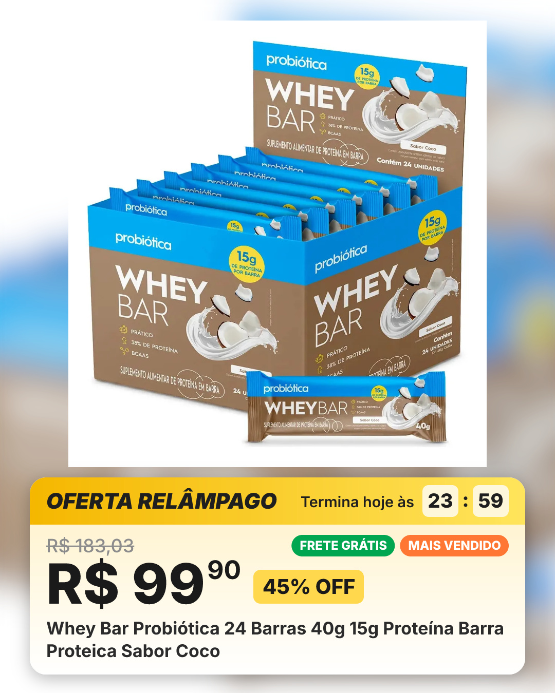 Whey Bar Probiótica 24 Barras 40g 15g Proteína Barra Proteica Sabor Coco