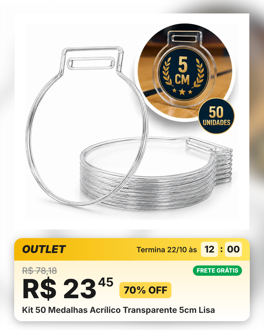 Kit 50 Medalhas Acrílico Transparente 5cm Lisa