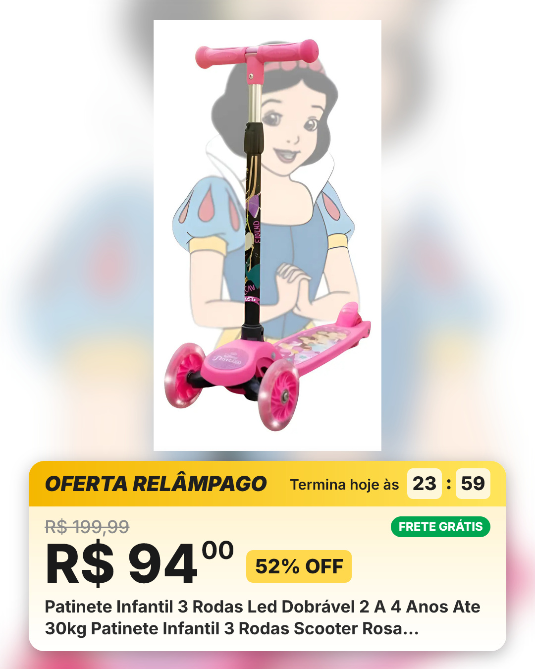 Patinete Infantil 3 Rodas Led Dobrável 2 A 4 Anos Ate 30kg Patinete Infantil 3 Rodas Scooter Rosa Princesas Disney