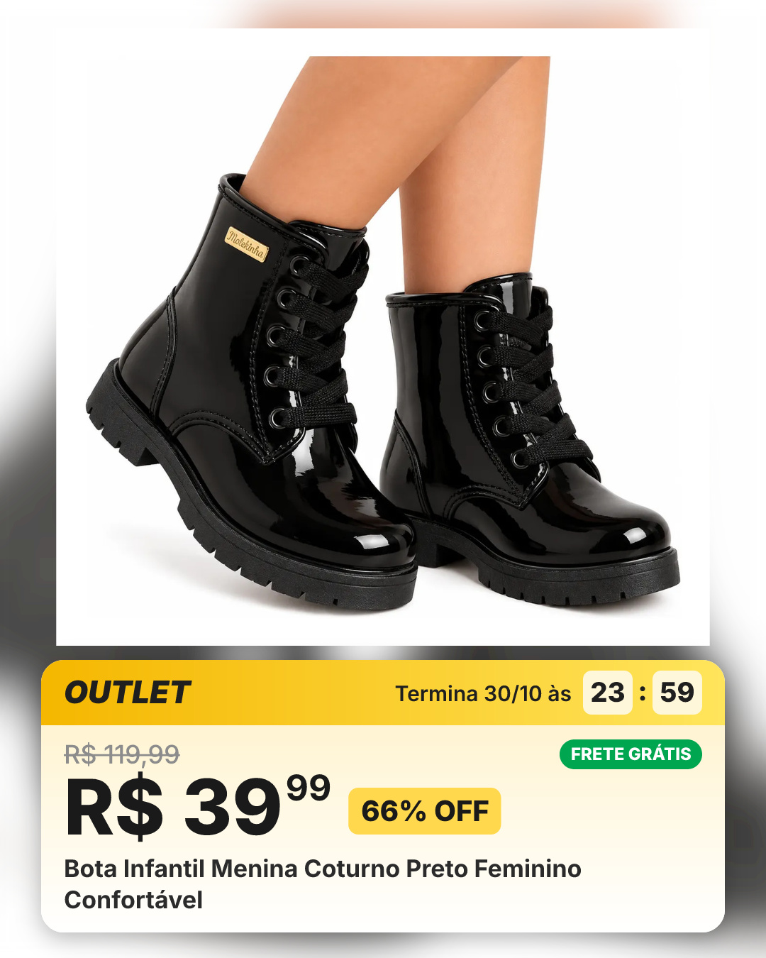 Bota Infantil Menina Coturno Preto Feminino Confortável