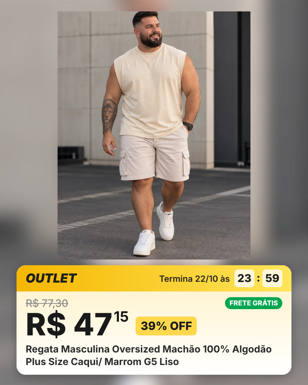 Regata Masculina Oversized Machão 100% Algodão Plus Size Caqui/ Marrom G5 Liso