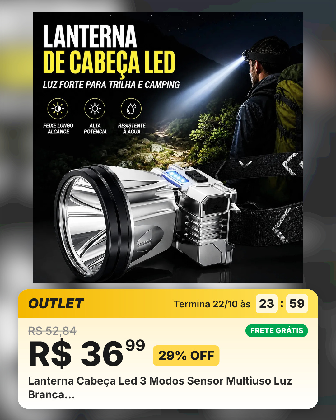 Lanterna Cabeça Led 3 Modos Sensor Multiuso Luz Branca…