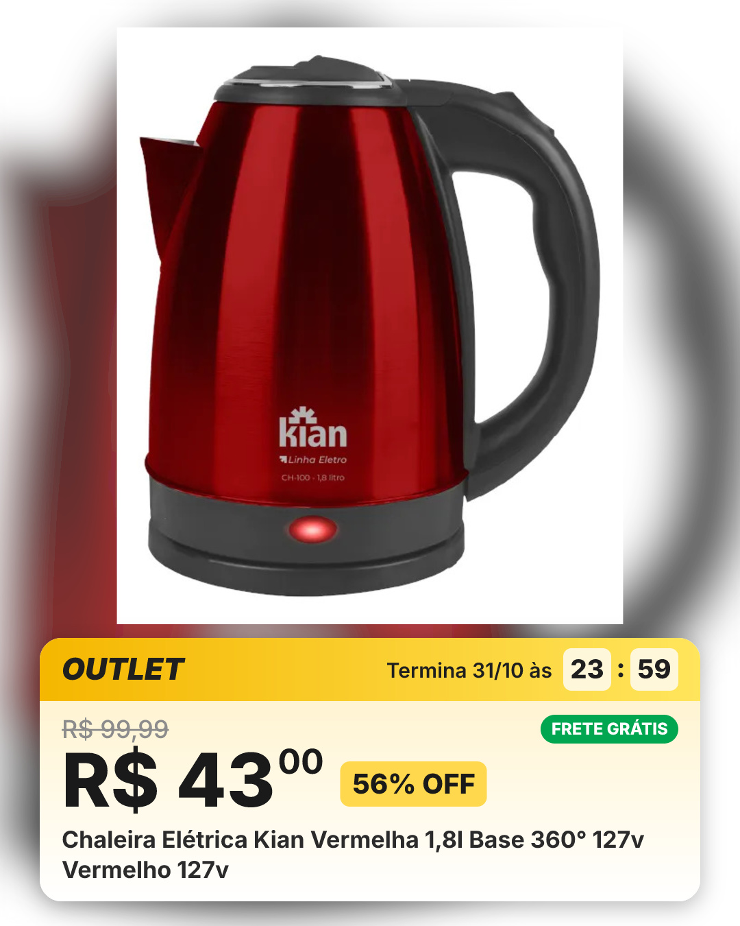 Chaleira Elétrica Kian Vermelha 1,8l Base 360° 127v Vermelho 127v