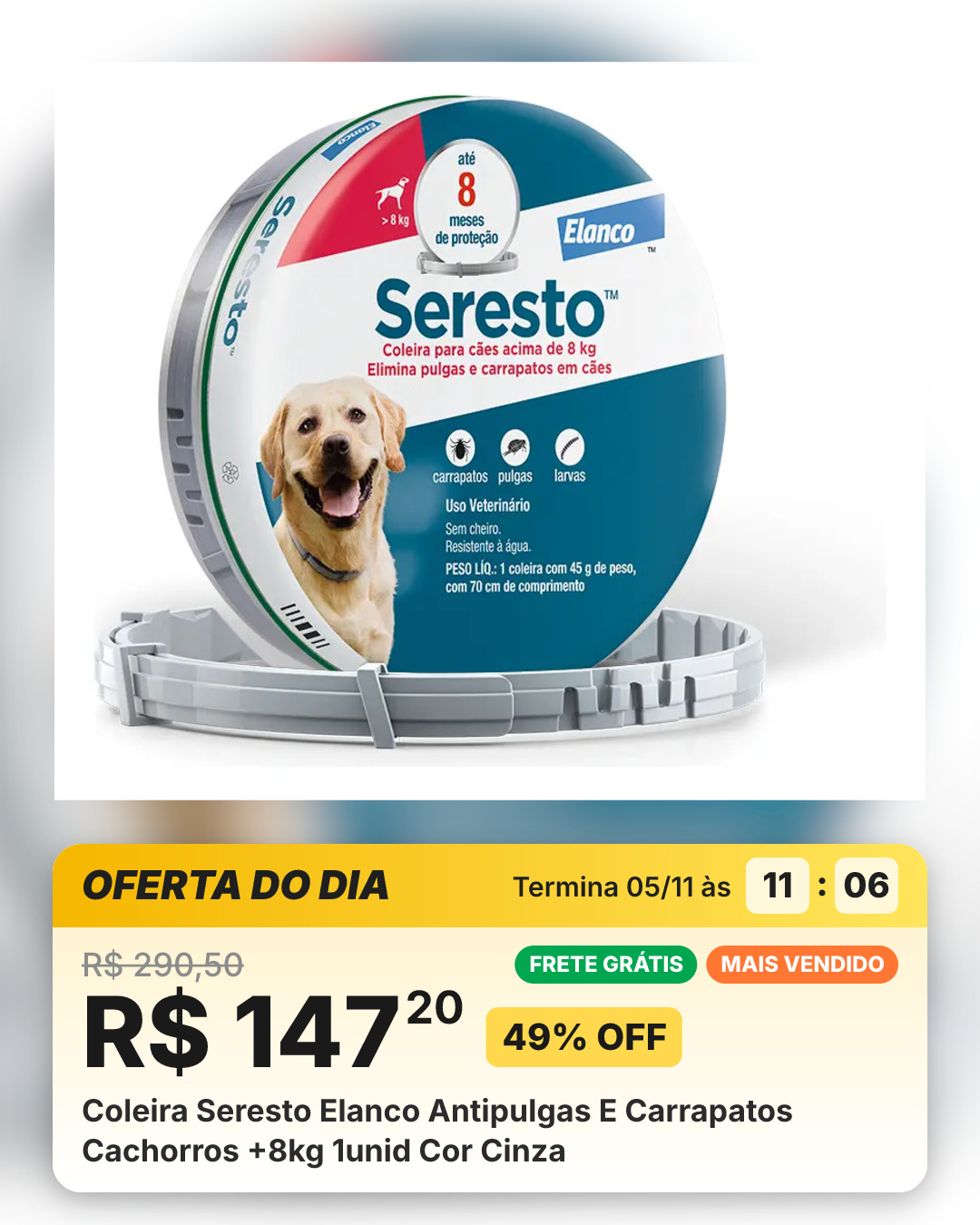 Coleira Seresto Elanco Antipulgas E Carrapatos Cachorros +8kg 1unid Cor Cinza